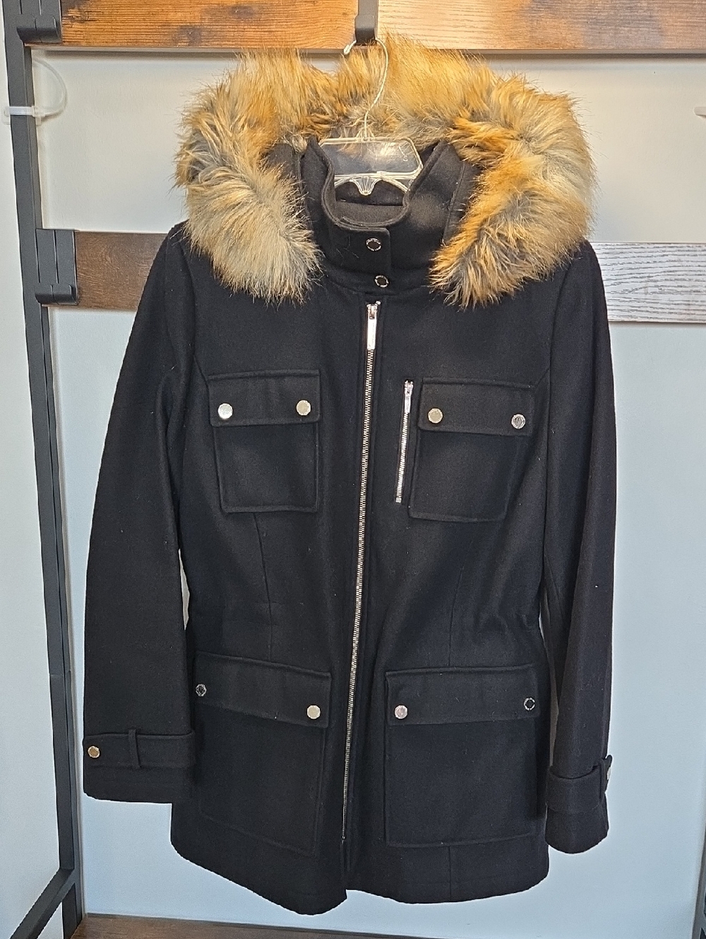 Ivanka Trump Black Wool-Blend Parka with Faux Fur Hood